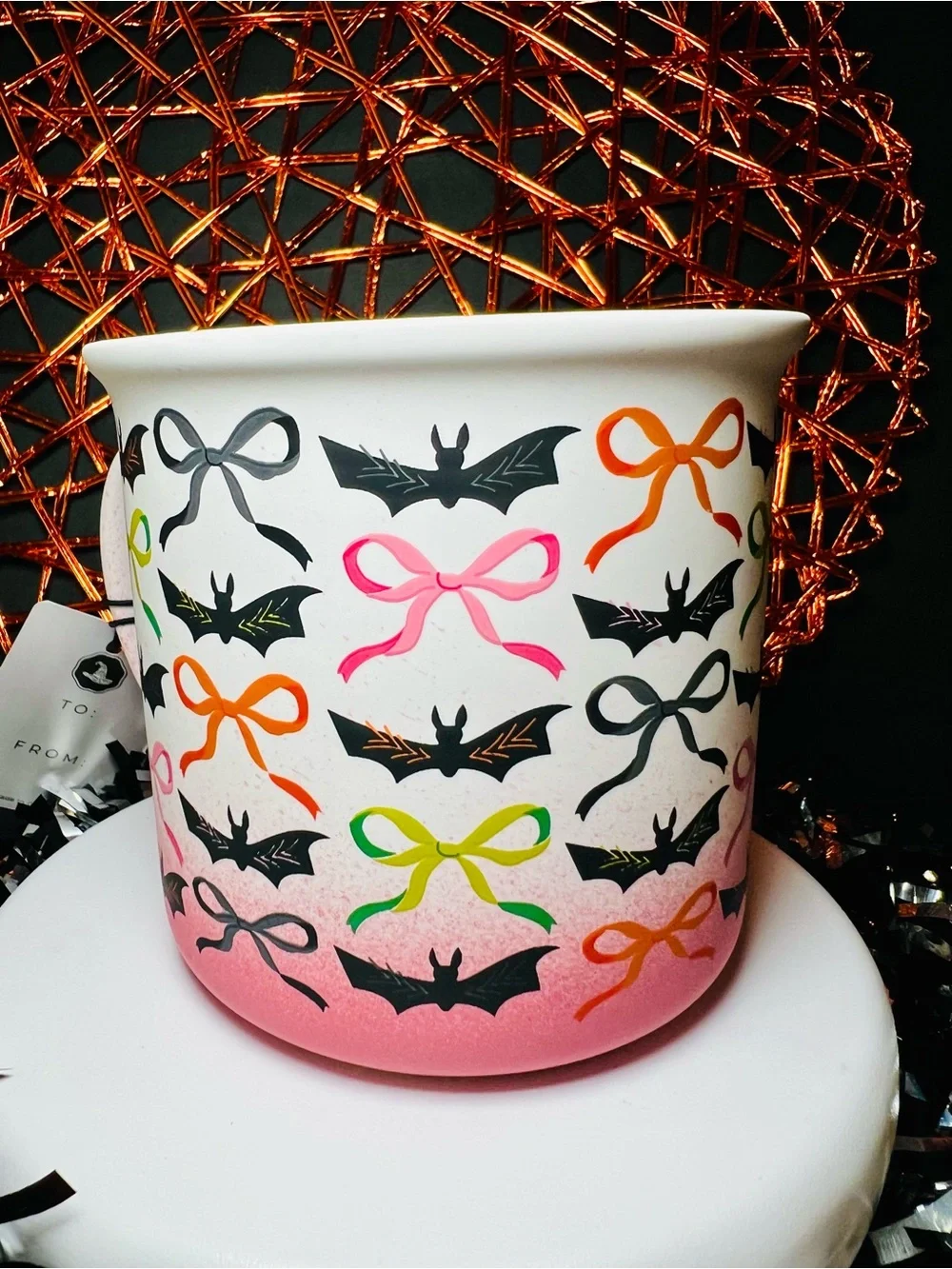 Halloween Pink Ombré Mug Ribbon Bows & Black Vampire Bats Stoneware